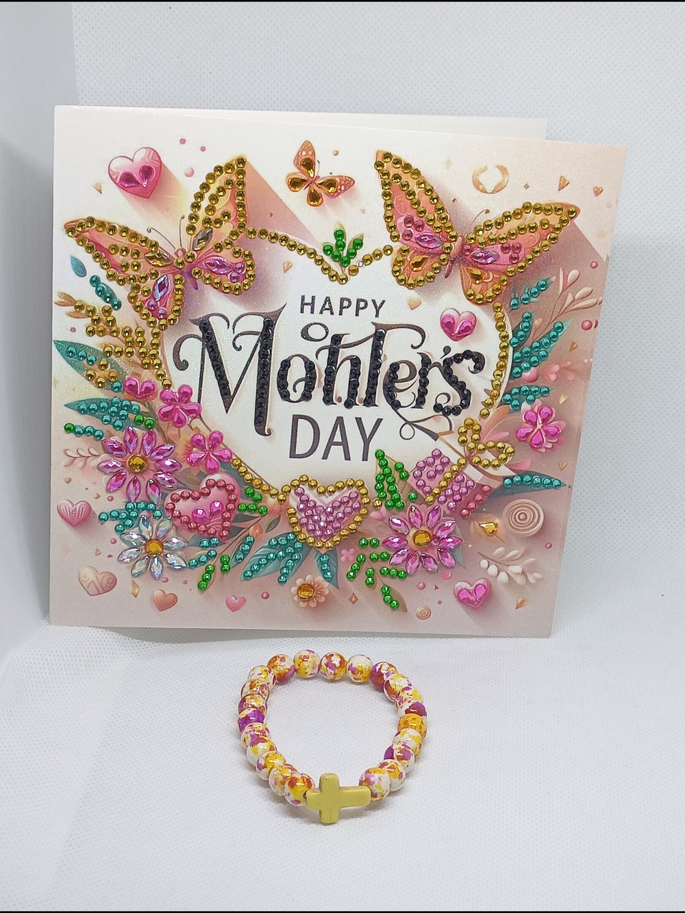Handmade Mother's Day Card With Cross  Beaded Bracelet